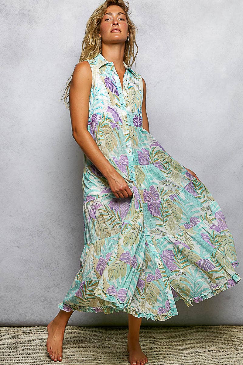 Spangle Shirred Ruffle Printed Woven Maxi Dress: CREAM/BLUE MULTI / S Pol Clothing