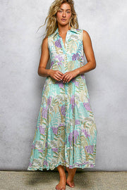 Spangle Shirred Ruffle Printed Woven Maxi Dress: CREAM/BLUE MULTI / S Pol Clothing