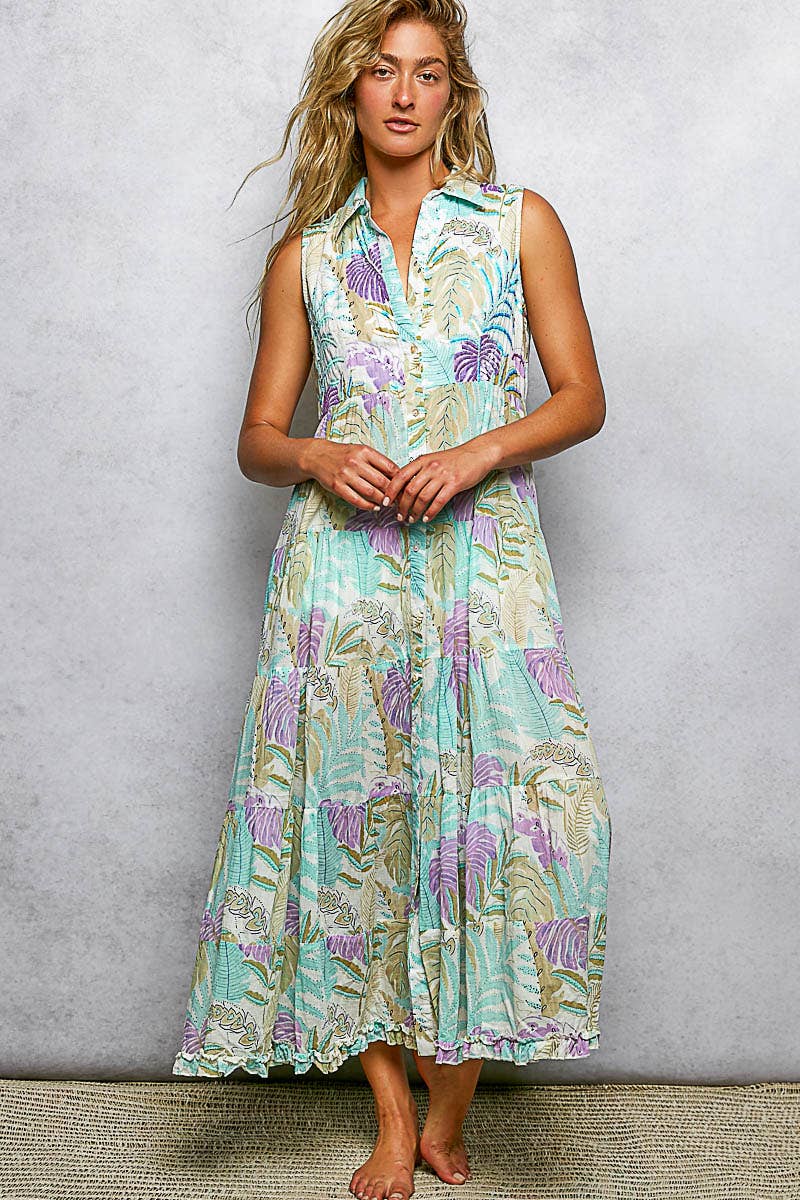 Spangle Shirred Ruffle Printed Woven Maxi Dress: CREAM/BLUE MULTI / S Pol Clothing
