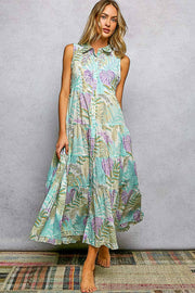Spangle Shirred Ruffle Printed Woven Maxi Dress: CREAM/BLUE MULTI / S Pol Clothing