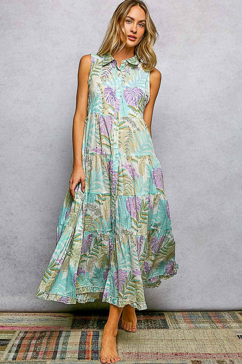 Spangle Shirred Ruffle Printed Woven Maxi Dress: CREAM/BLUE MULTI / S Pol Clothing