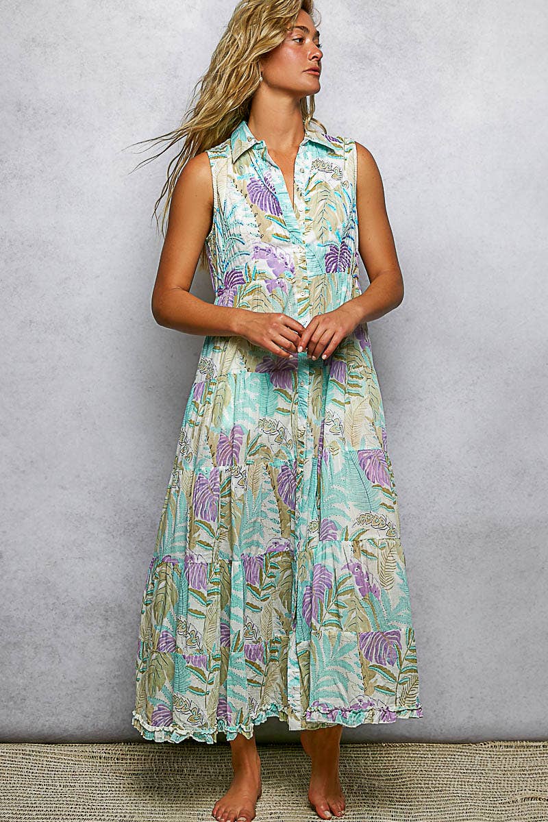 Spangle Shirred Ruffle Printed Woven Maxi Dress: CREAM/BLUE MULTI / S Pol Clothing