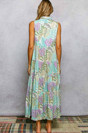 Spangle Shirred Ruffle Printed Woven Maxi Dress: CREAM/BLUE MULTI / S Pol Clothing