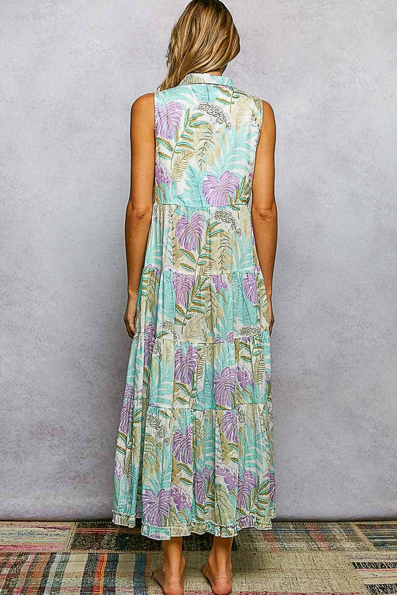 Spangle Shirred Ruffle Printed Woven Maxi Dress: CREAM/BLUE MULTI / S Pol Clothing