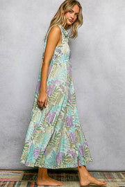 Spangle Shirred Ruffle Printed Woven Maxi Dress: CREAM/BLUE MULTI / S Pol Clothing