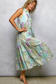 Spangle Shirred Ruffle Printed Woven Maxi Dress: CREAM/BLUE MULTI / S Pol Clothing