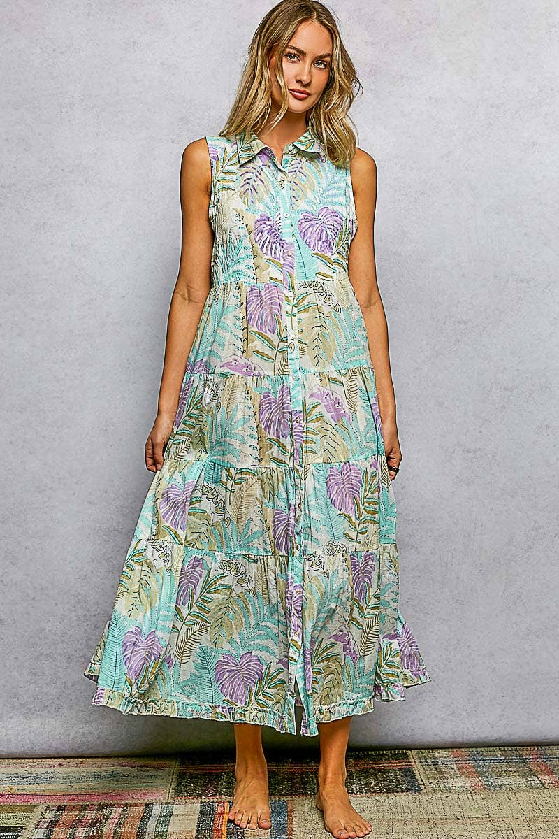 Spangle Shirred Ruffle Printed Woven Maxi Dress: CREAM/BLUE MULTI / S Pol Clothing