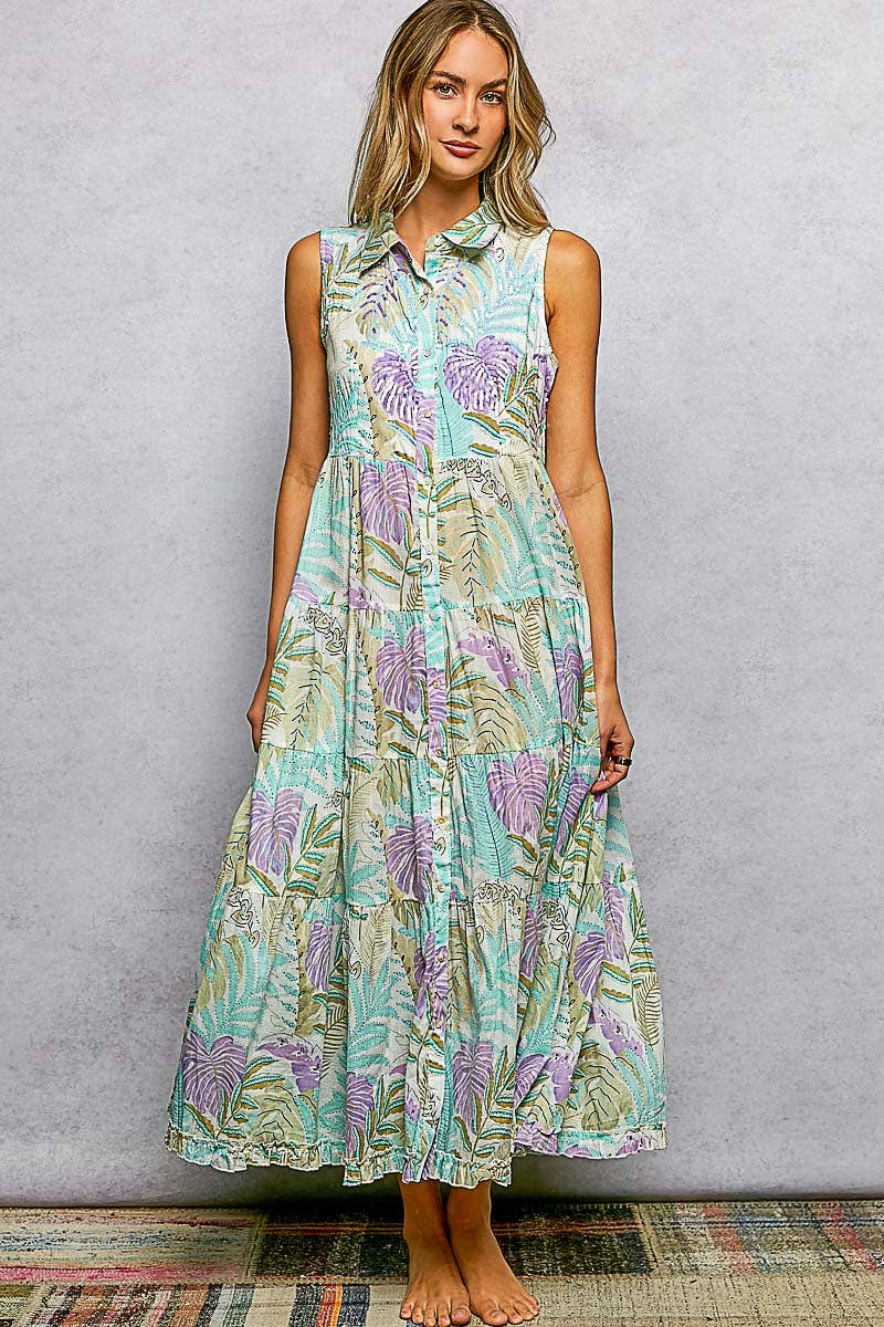 Spangle Shirred Ruffle Printed Woven Maxi Dress: CREAM/BLUE MULTI / S Pol Clothing