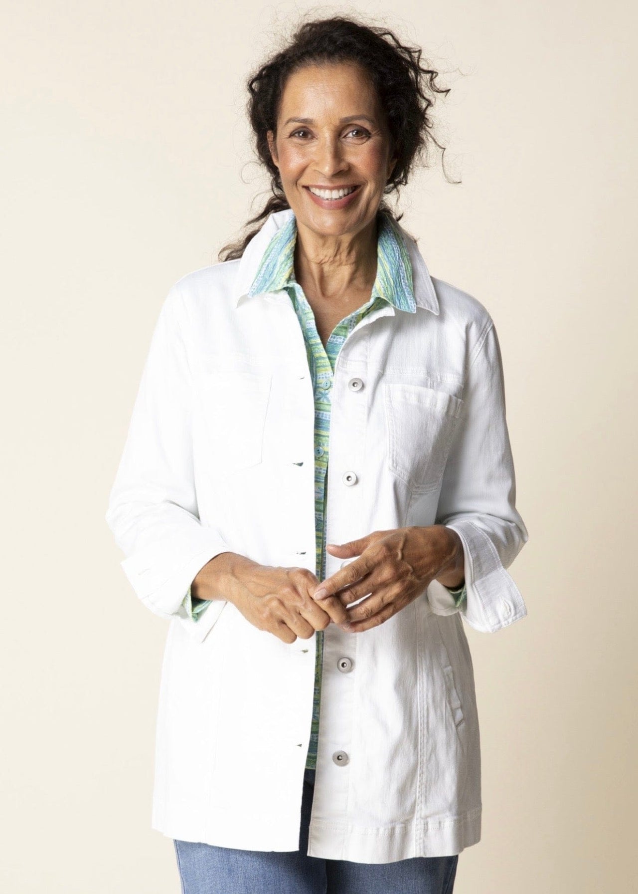 Stretch Denim Boyfriend Jacket in White Habitat Jacket