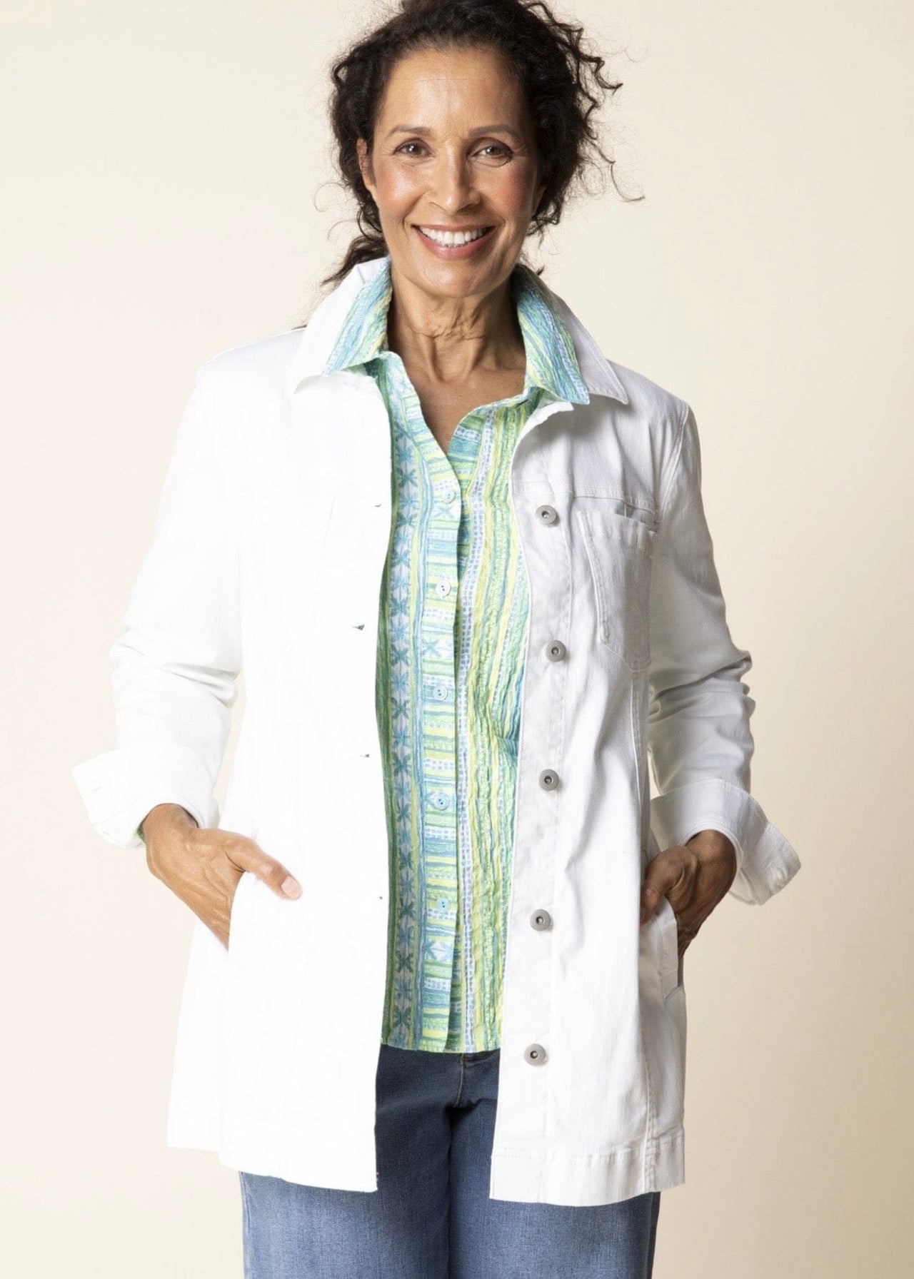 Stretch Denim Boyfriend Jacket in White Habitat Jacket