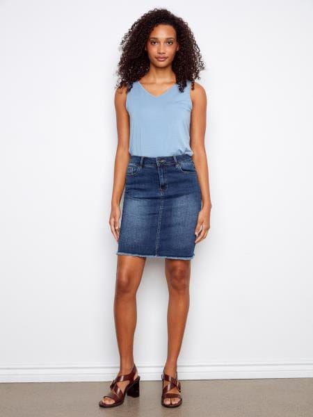 Stretch Denim Skort with Frayed Hem Charlie B Skort