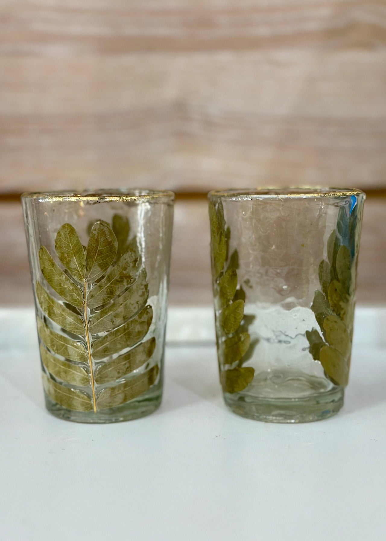 Tea Light Holder Blown Glass with Pressed Fern Creative Co-Op