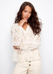 Textured Embroidered Natural Top Notched V Charlie B Casual Top