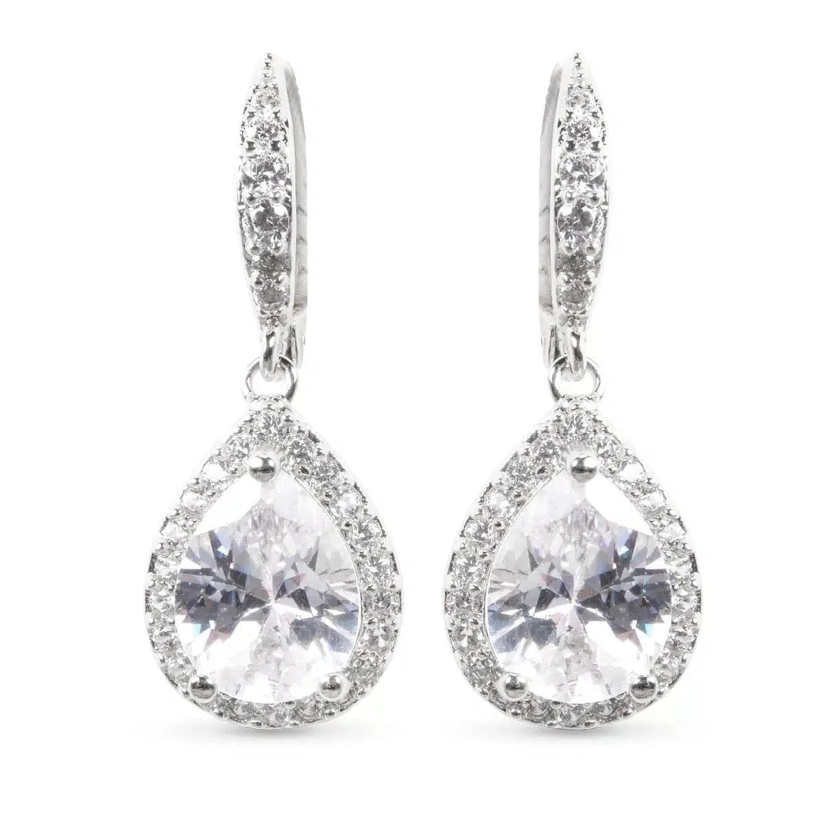 Timeless Radiance CZ Lever-Back Teardrop Earrings with Halo - Silver Amanda Blu