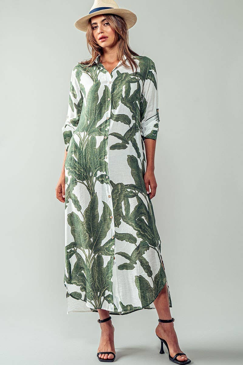 Tropical Paradise Button Down Collared Vacation Dress: GREEN / S-2/M-2/L-2 Urban Daizy