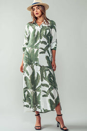 Tropical Paradise Button Down Collared Vacation Dress: GREEN / S-2/M-2/L-2 Urban Daizy