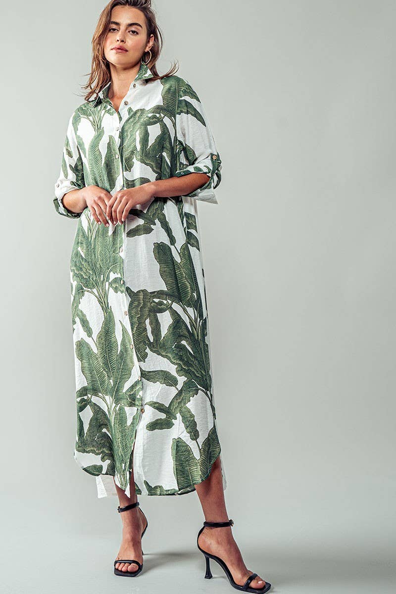 Tropical Paradise Button Down Collared Vacation Dress: GREEN / S-2/M-2/L-2 Urban Daizy