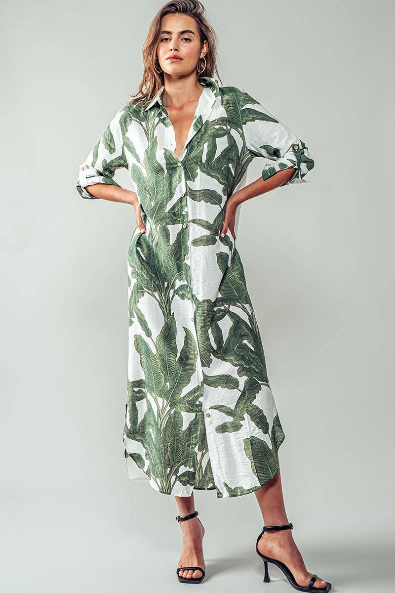Tropical Paradise Button Down Collared Vacation Dress: GREEN / S-2/M-2/L-2 Urban Daizy
