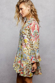 V-Neck Long Sleeve Ruffle Hem Bead Printed Woven Dress: CREAM MULTI / S Pol Clothing
