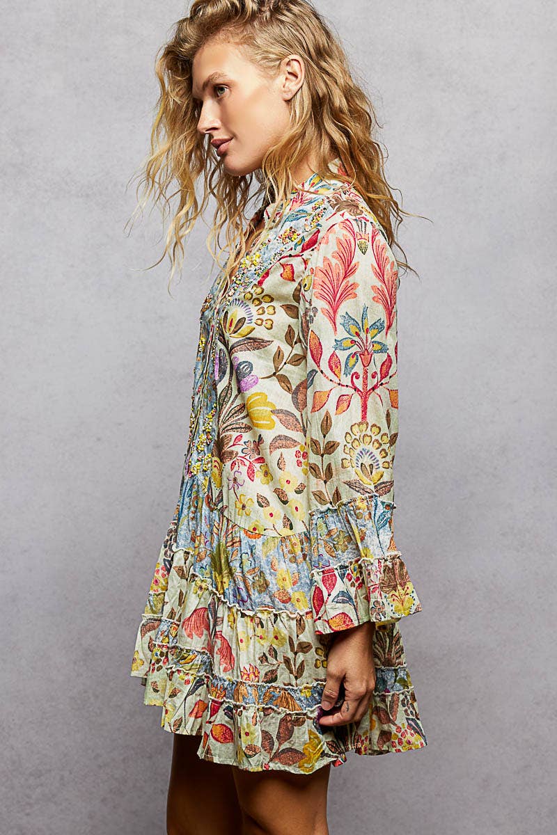 V-Neck Long Sleeve Ruffle Hem Bead Printed Woven Dress: CREAM MULTI / S Pol Clothing