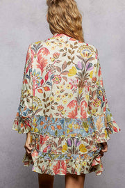 V-Neck Long Sleeve Ruffle Hem Bead Printed Woven Dress: CREAM MULTI / S Pol Clothing