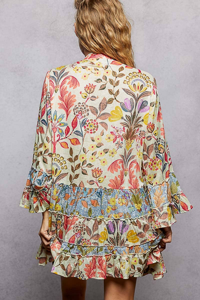 V-Neck Long Sleeve Ruffle Hem Bead Printed Woven Dress: CREAM MULTI / S Pol Clothing