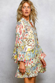 V-Neck Long Sleeve Ruffle Hem Bead Printed Woven Dress: CREAM MULTI / S Pol Clothing