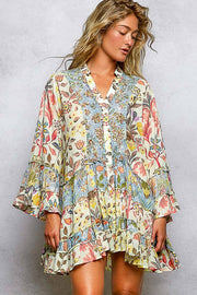 V-Neck Long Sleeve Ruffle Hem Bead Printed Woven Dress: CREAM MULTI / S Pol Clothing