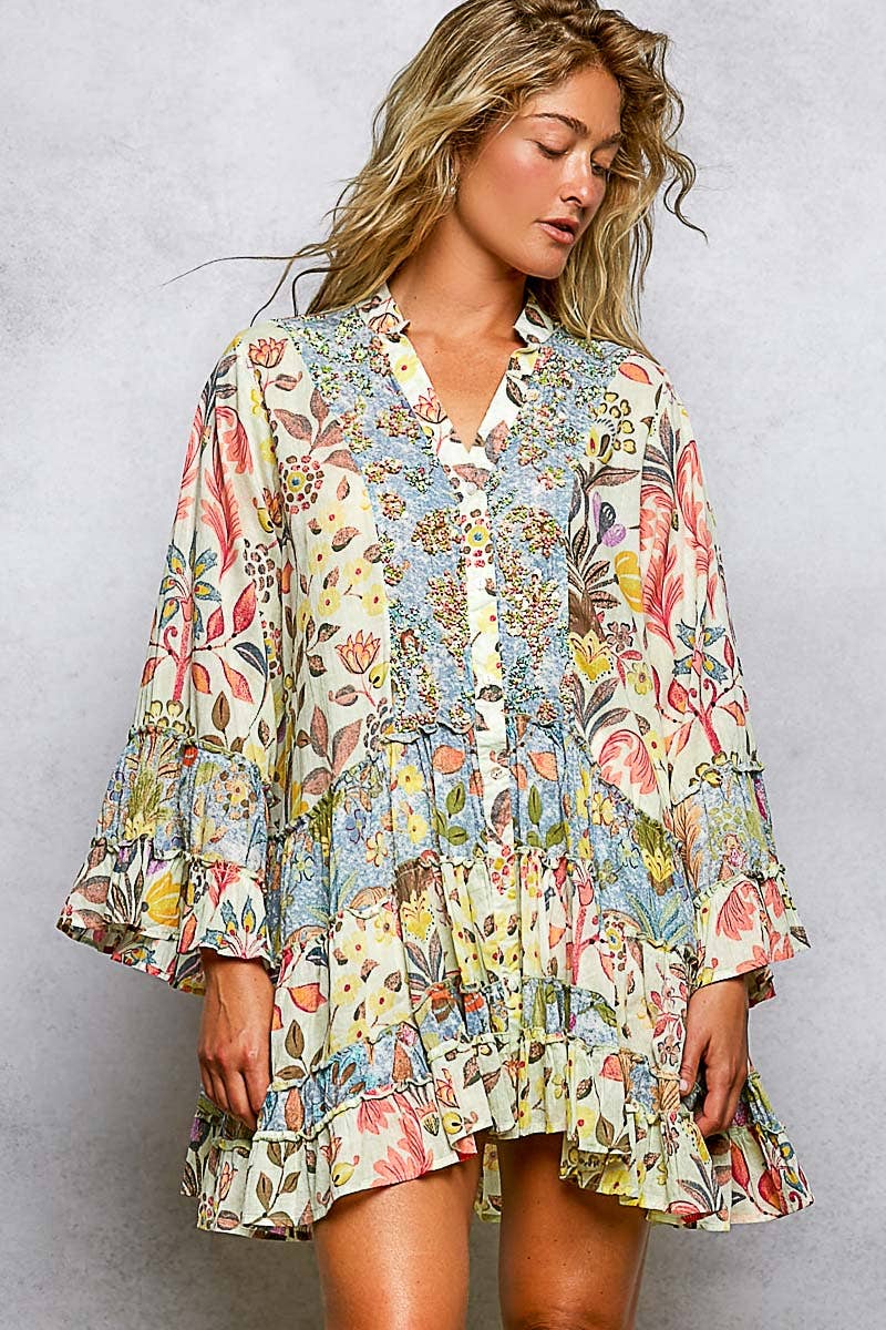 V-Neck Long Sleeve Ruffle Hem Bead Printed Woven Dress: CREAM MULTI / S Pol Clothing