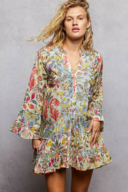 V-Neck Long Sleeve Ruffle Hem Bead Printed Woven Dress: CREAM MULTI / S Pol Clothing