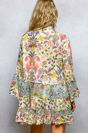 V-Neck Long Sleeve Ruffle Hem Bead Printed Woven Dress: CREAM MULTI / S Pol Clothing