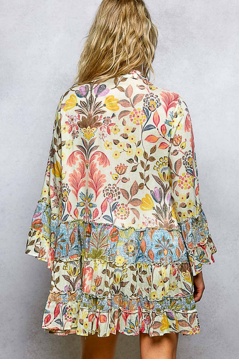 V-Neck Long Sleeve Ruffle Hem Bead Printed Woven Dress: CREAM MULTI / S Pol Clothing