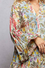V-Neck Long Sleeve Ruffle Hem Bead Printed Woven Dress: CREAM MULTI / S Pol Clothing