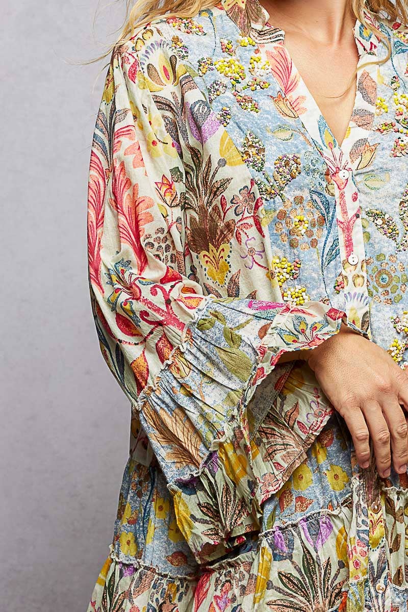 V-Neck Long Sleeve Ruffle Hem Bead Printed Woven Dress: CREAM MULTI / S Pol Clothing