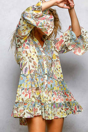 V-Neck Long Sleeve Ruffle Hem Bead Printed Woven Dress: CREAM MULTI / S Pol Clothing