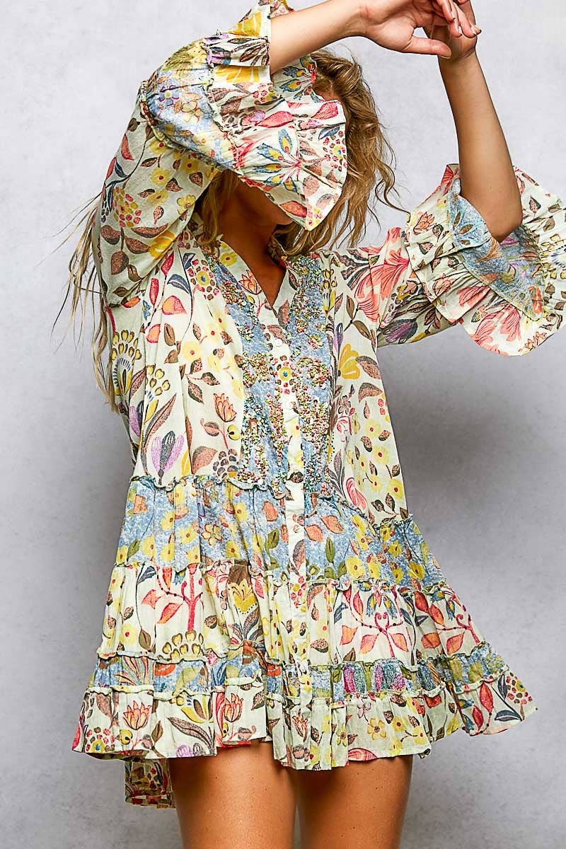 V-Neck Long Sleeve Ruffle Hem Bead Printed Woven Dress: CREAM MULTI / S Pol Clothing