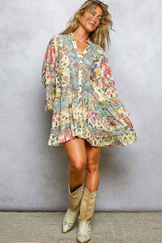 V-Neck Long Sleeve Ruffle Hem Bead Printed Woven Dress: CREAM MULTI / S Pol Clothing
