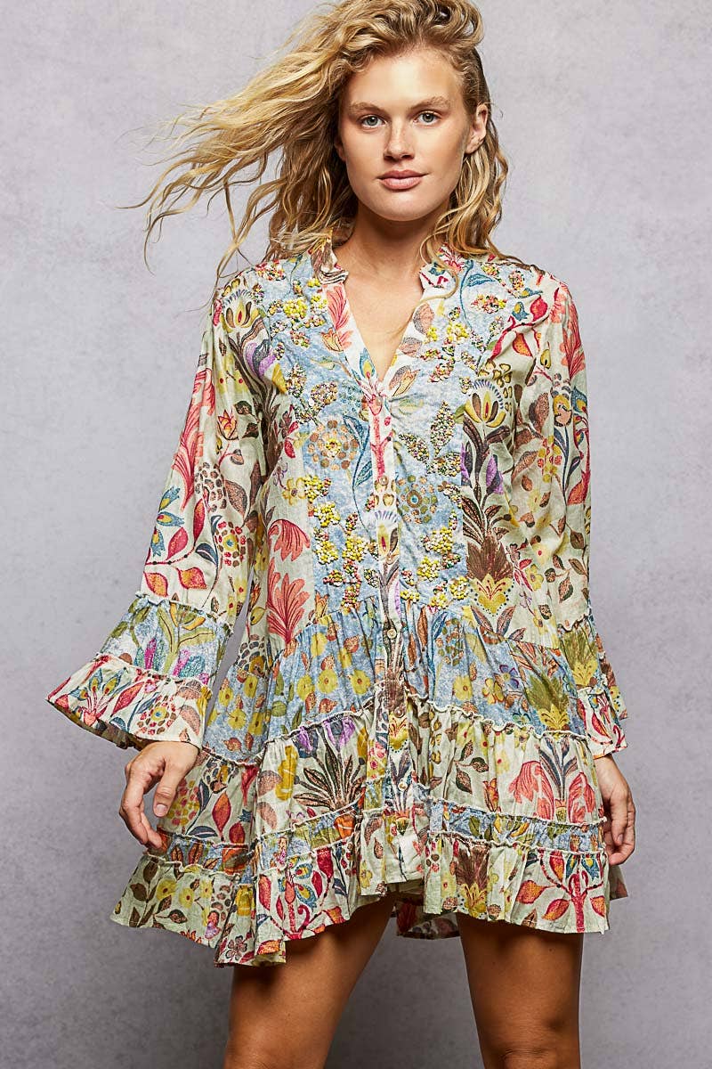 V-Neck Long Sleeve Ruffle Hem Bead Printed Woven Dress: CREAM MULTI / S Pol Clothing