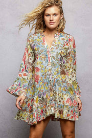 V-Neck Long Sleeve Ruffle Hem Bead Printed Woven Dress: CREAM MULTI / S Pol Clothing