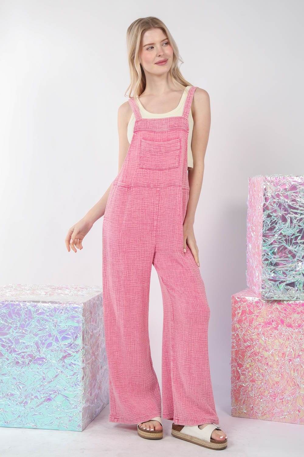 VERY J Texture Washed Wide Leg Overalls Trendsi Overall