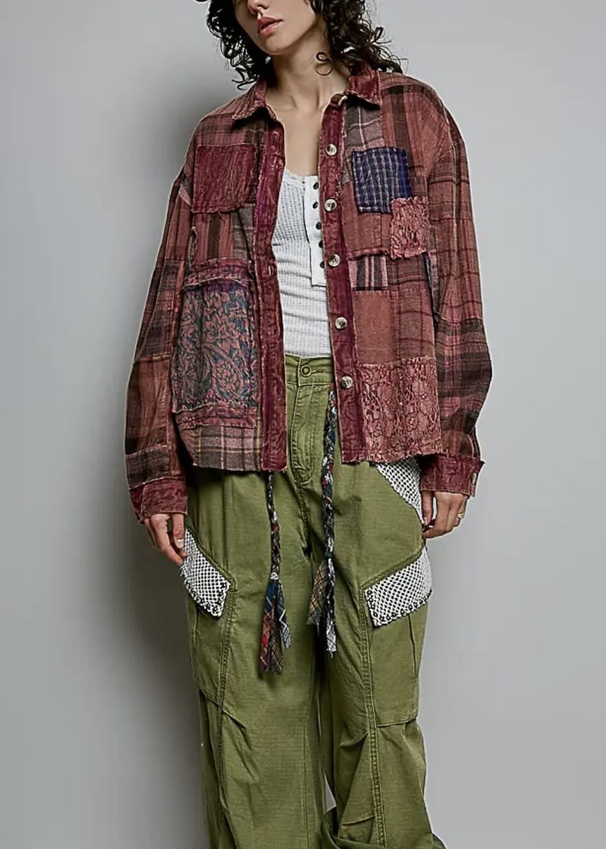 Vintage Plaid Lace Patchwork Top Pol Clothing Casual Top
