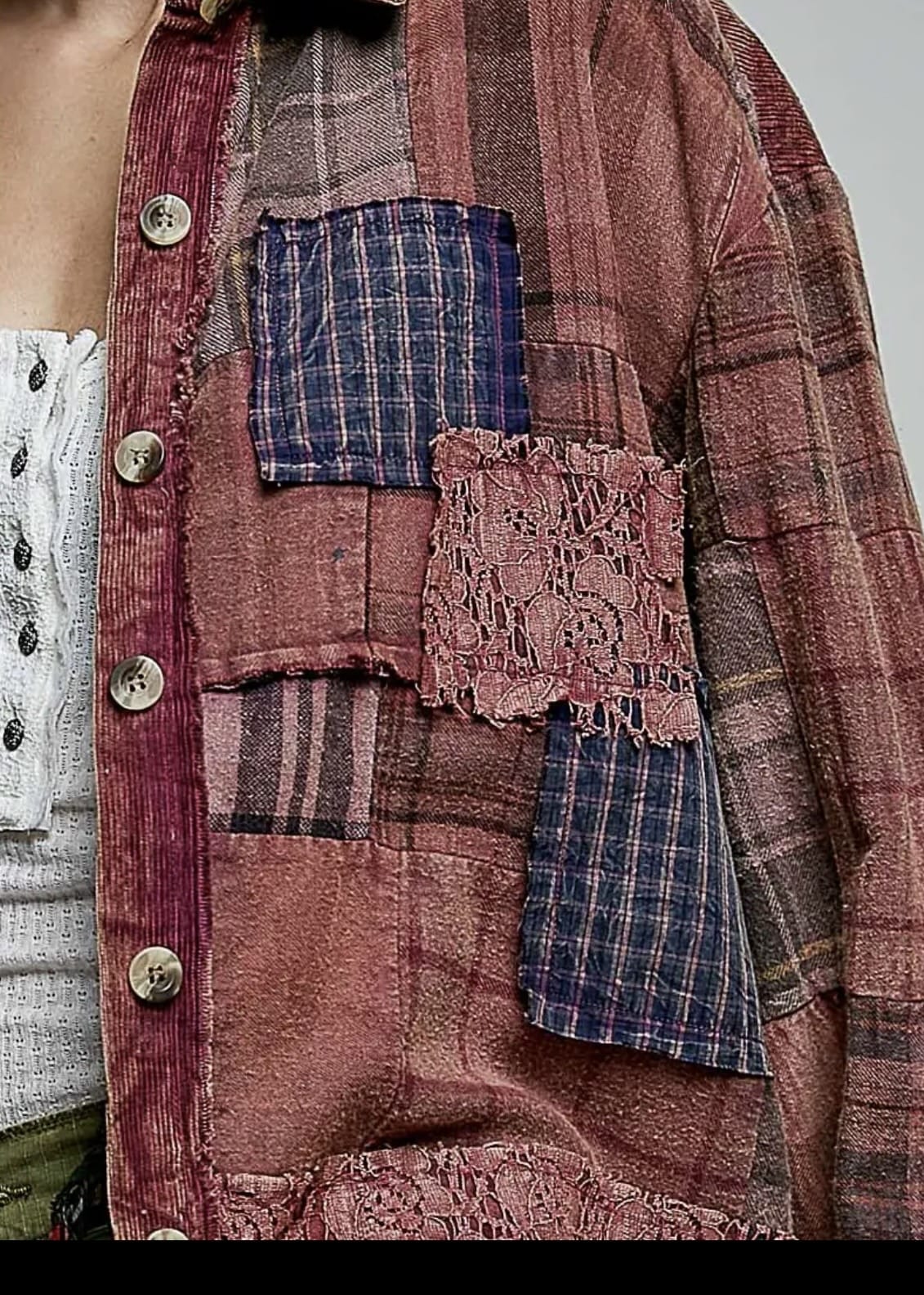 Vintage Plaid Lace Patchwork Top Pol Clothing Casual Top
