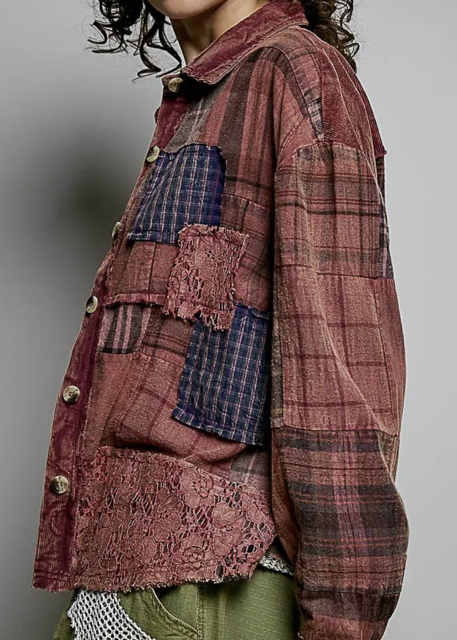 Vintage Plaid Lace Patchwork Top Pol Clothing Casual Top M