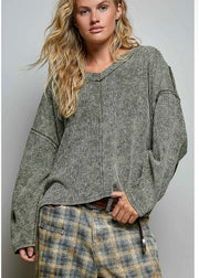 Vintage Waffle Knit Long Sleeve V-Neck Top in Olive Pol Clothing Casual Top