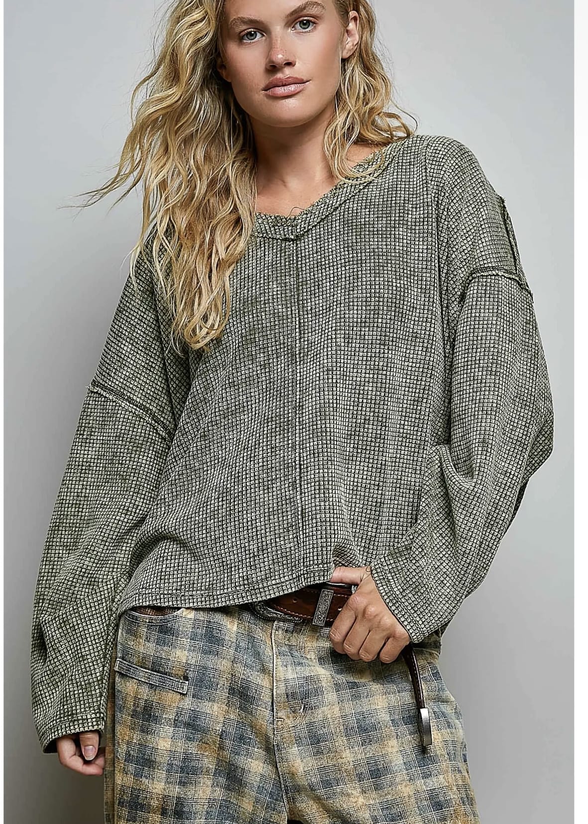 Vintage Waffle Knit Long Sleeve V-Neck Top in Olive Pol Clothing Casual Top