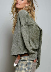 Vintage Waffle Knit Long Sleeve V-Neck Top in Olive Pol Clothing Casual Top