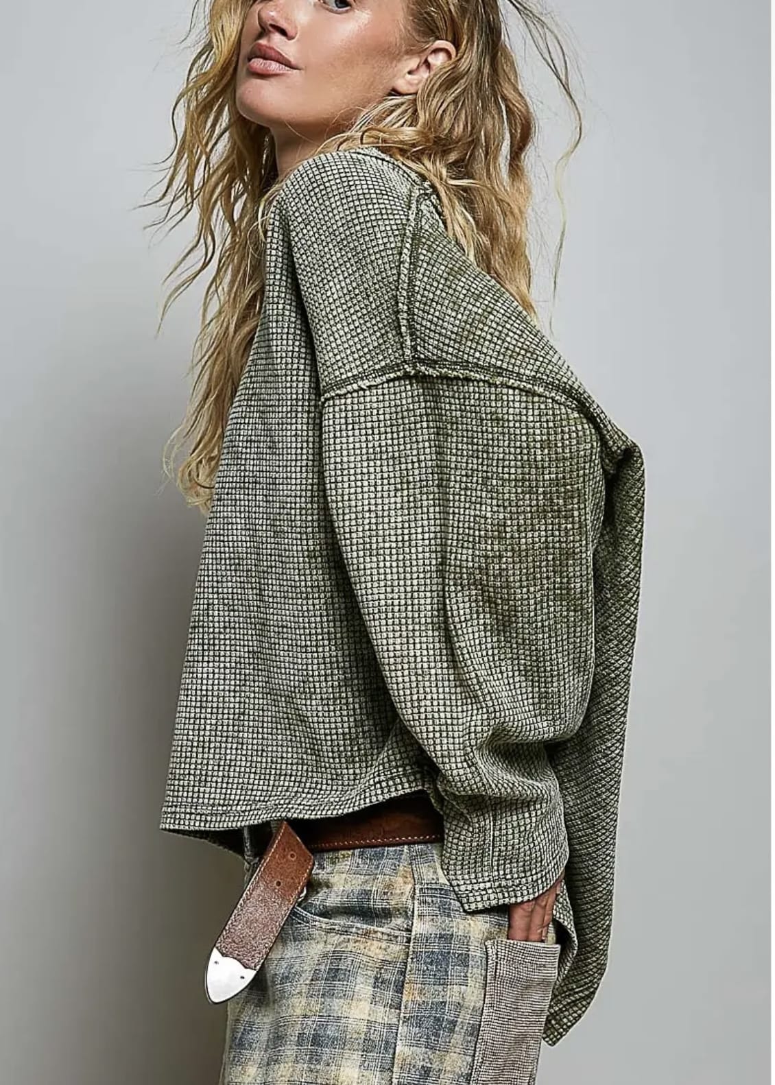Vintage Waffle Knit Long Sleeve V-Neck Top in Olive Pol Clothing Casual Top