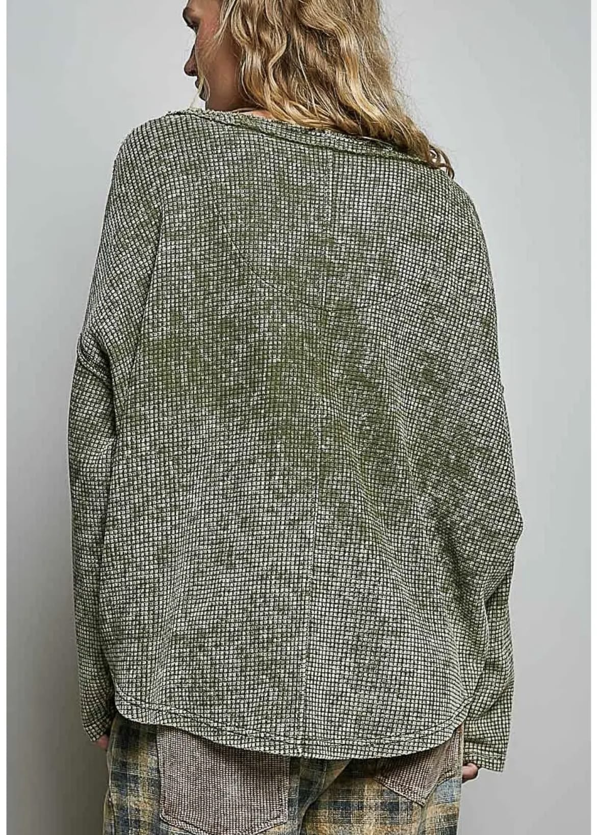Vintage Waffle Knit Long Sleeve V-Neck Top in Olive Pol Clothing Casual Top