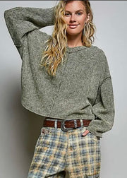Vintage Waffle Knit Long Sleeve V-Neck Top in Olive Pol Clothing Casual Top