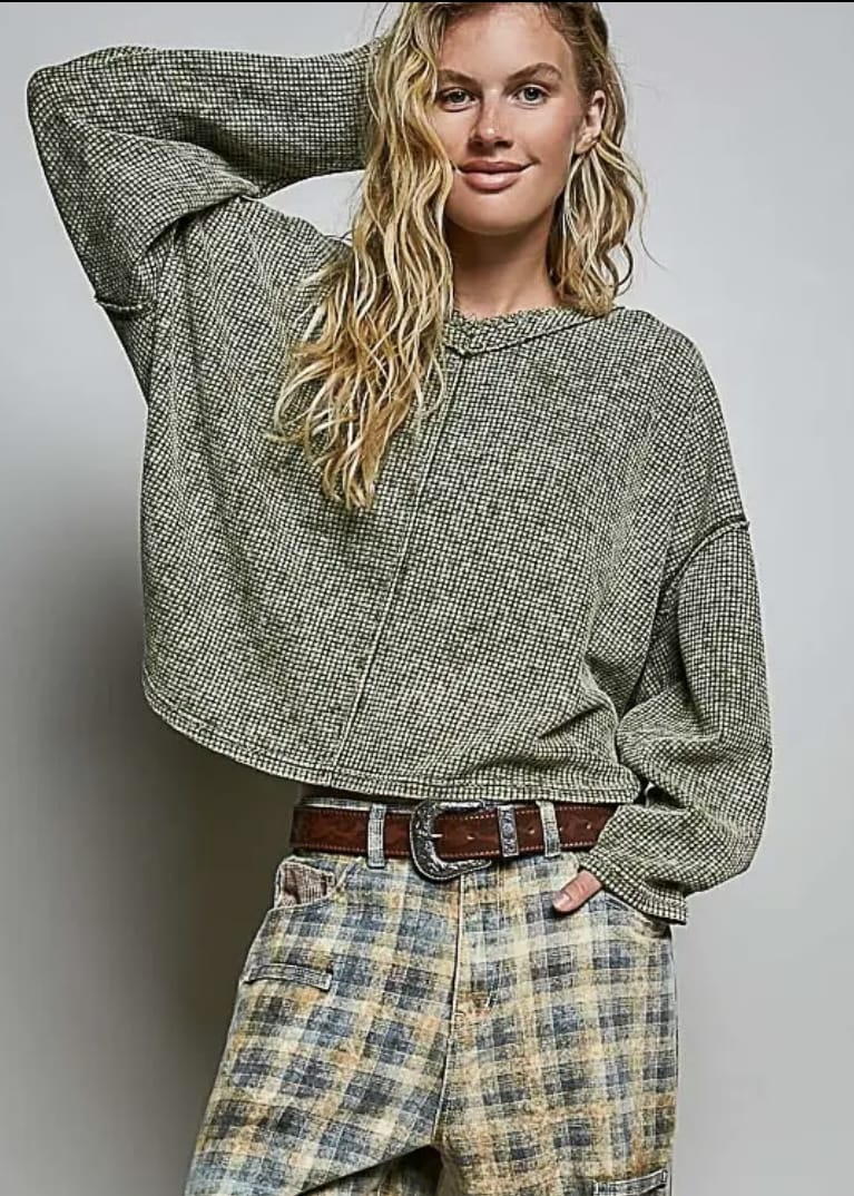 Vintage Waffle Knit Long Sleeve V-Neck Top in Olive Pol Clothing Casual Top